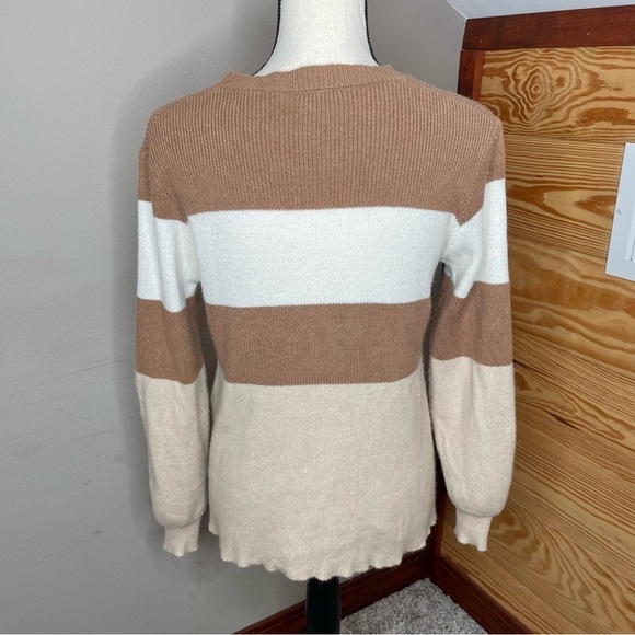 Le Lis Brown White Tan Striped Colorblock Balloon Sleeve Crewneck Sweater Small - Picture 3 of 10